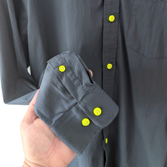 Le 31 Men's Blue-gray + Neon Yellow Buttons Long Sleeve Dress Shirt - Size Large - Picture 4 of 7